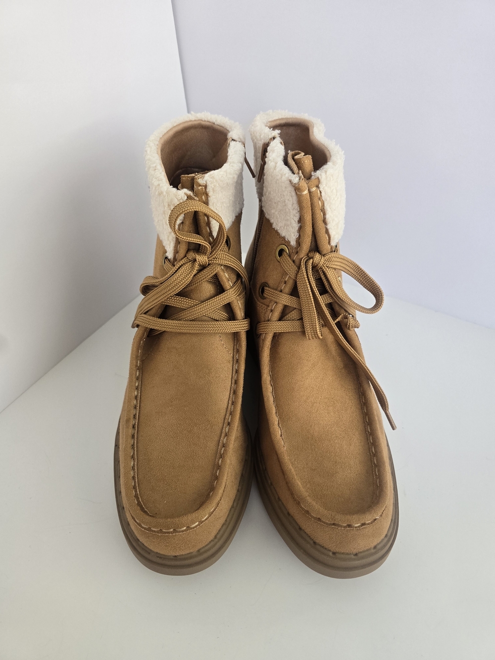 Life Stride Tan Suede Lace-Up Ankle Boots with Cream Sherpa Cuff
